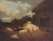 George Morland, A Sow and Her Piglets in a Farmyard